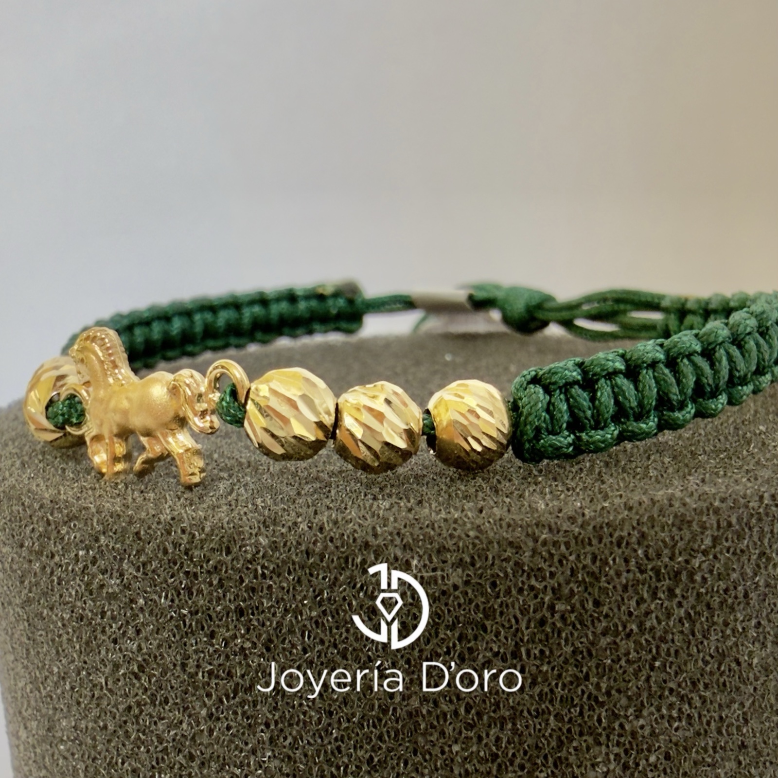 PULSERA TEJIDA VERDE CABALLO CON 6 BOLAS #5 / 1.36GR / ORO AMARILLO 18K - miniatura 3