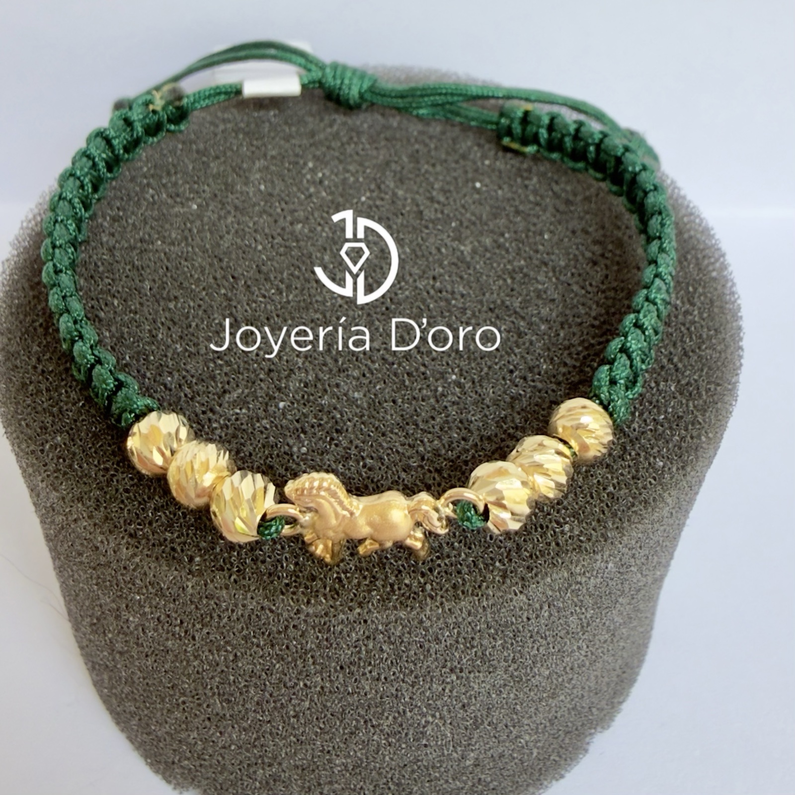 PULSERA TEJIDA VERDE CABALLO CON 6 BOLAS #5 / 1.36GR / ORO AMARILLO 18K - miniatura 2