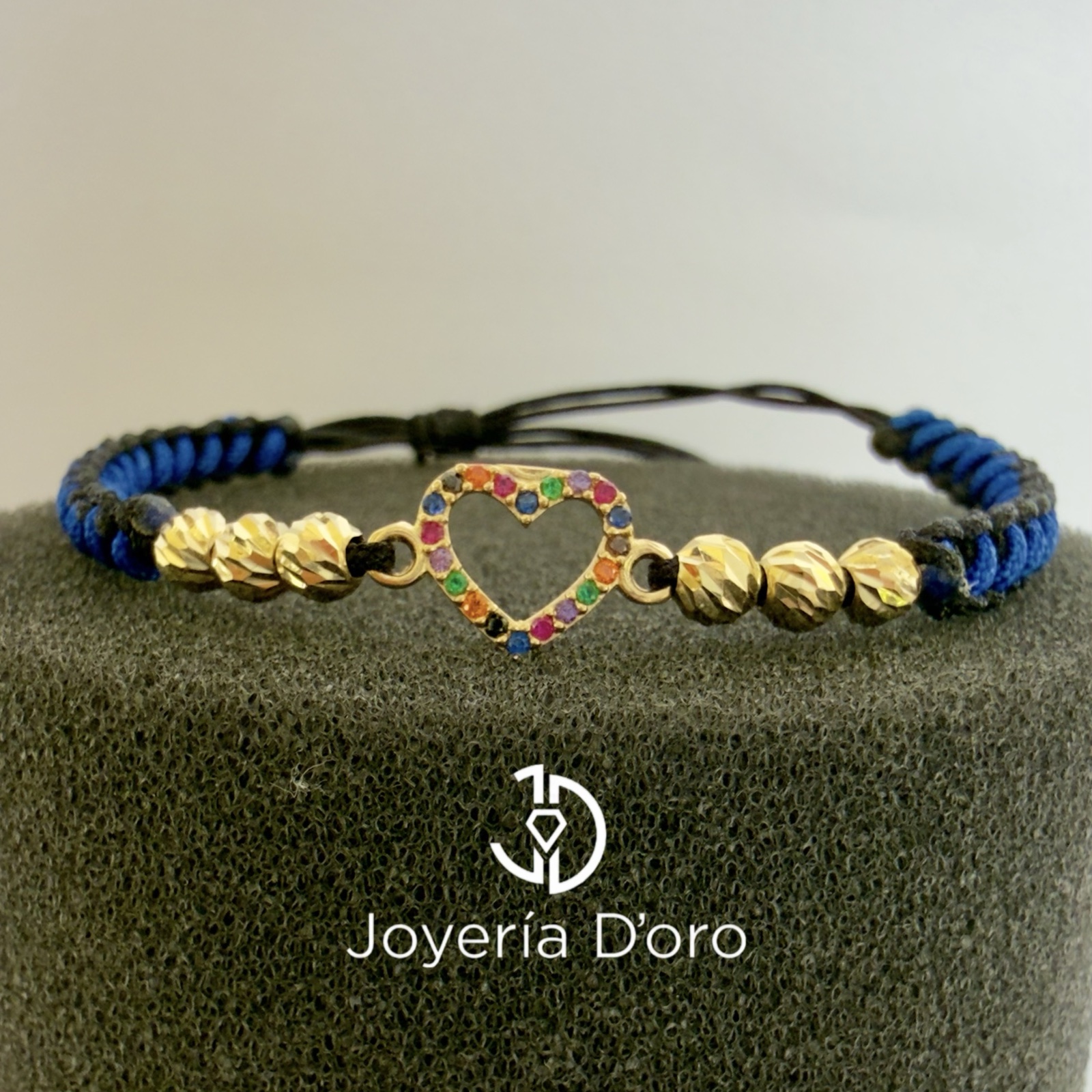 PULSERA TEJIDA CORAZON CON PIEDRAS 6 BOLAS #4 / 1GR / ORO AMARILLO 18K - imagen 1