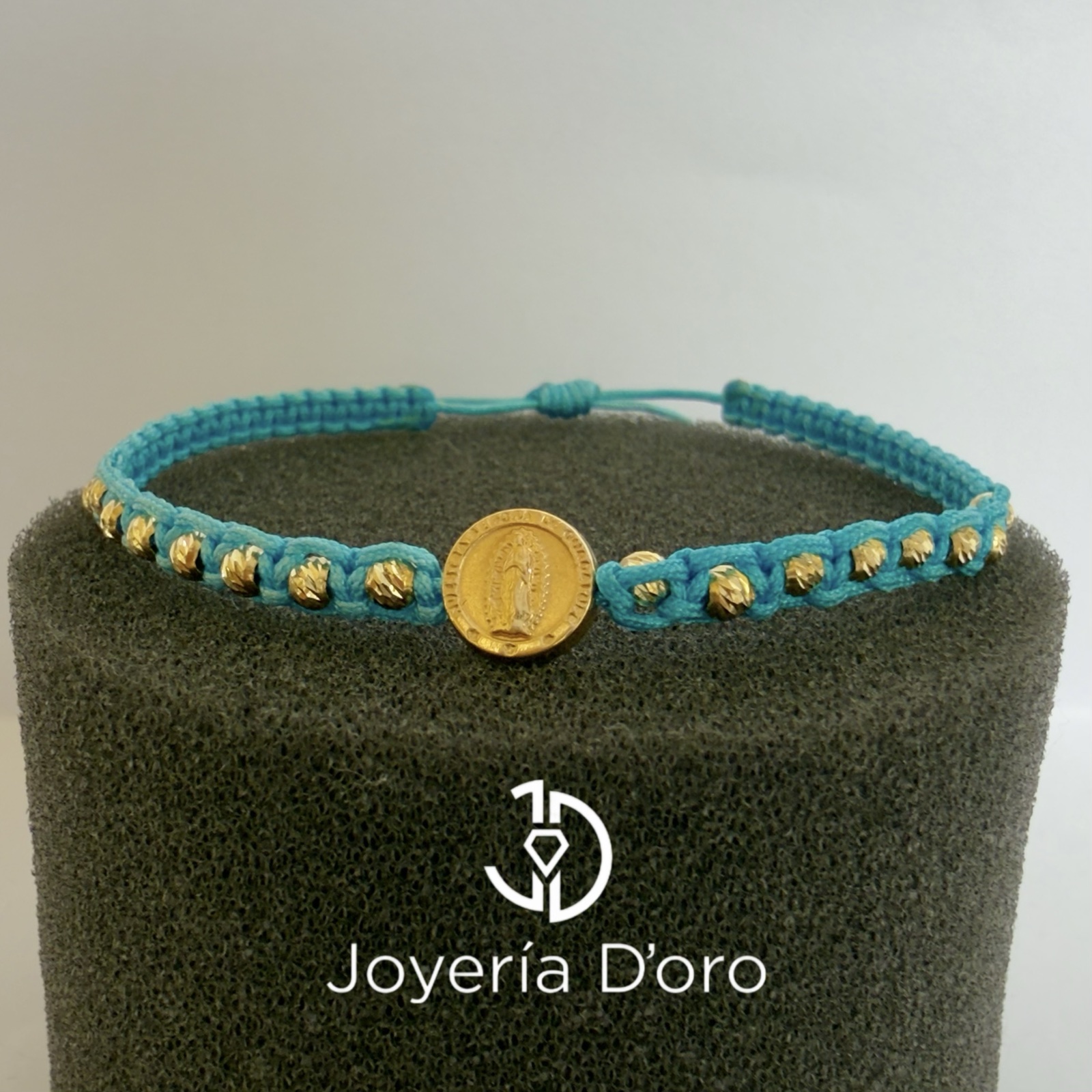 PULSERA TEJIDA AZUL VIRGEN GUADALUPE 16 BOLAS #3 / 0.95GR / ORO AMARILLO 18K - imagen 1