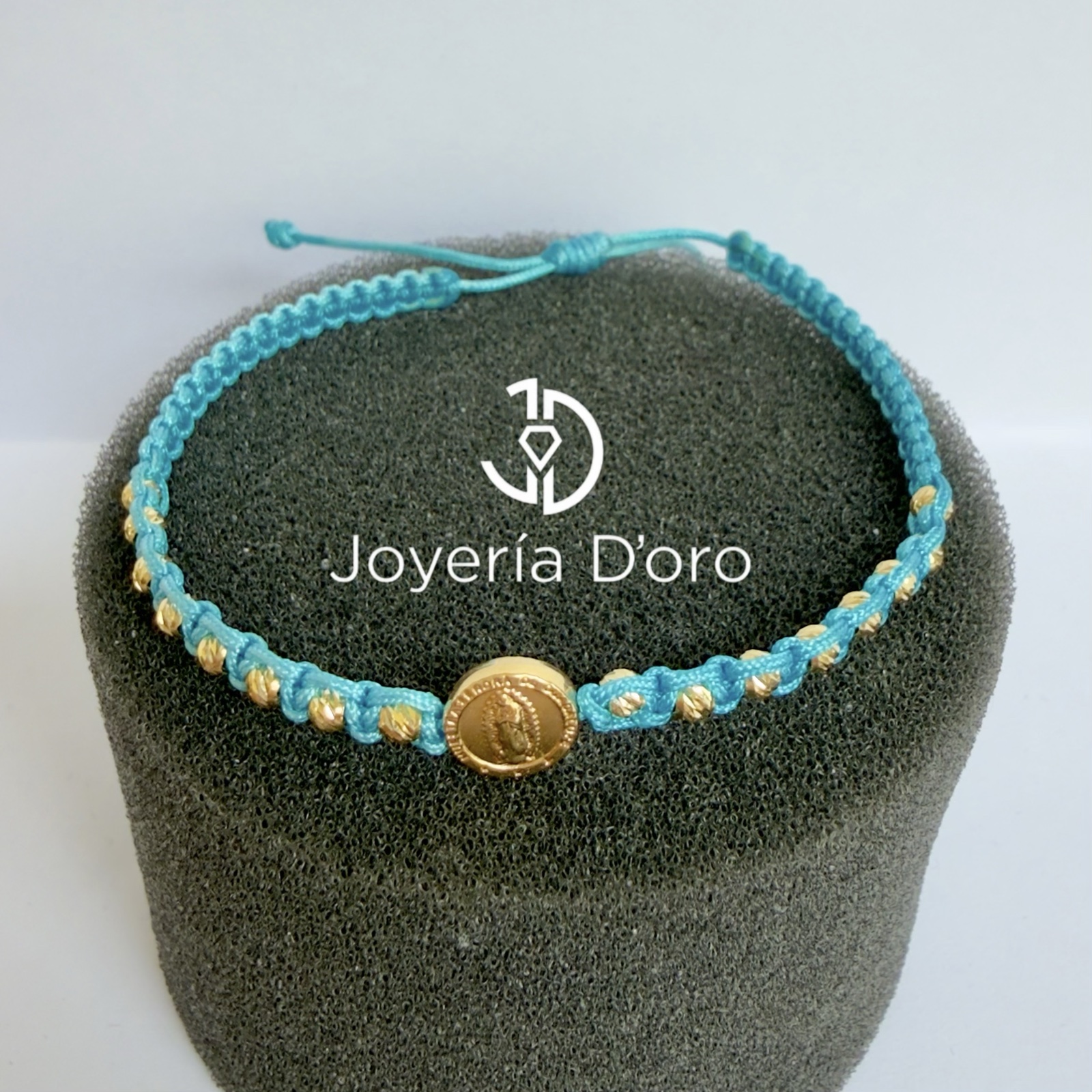 PULSERA TEJIDA AZUL VIRGEN GUADALUPE 16 BOLAS #3 / 0.95GR / ORO AMARILLO 18K - miniatura 2