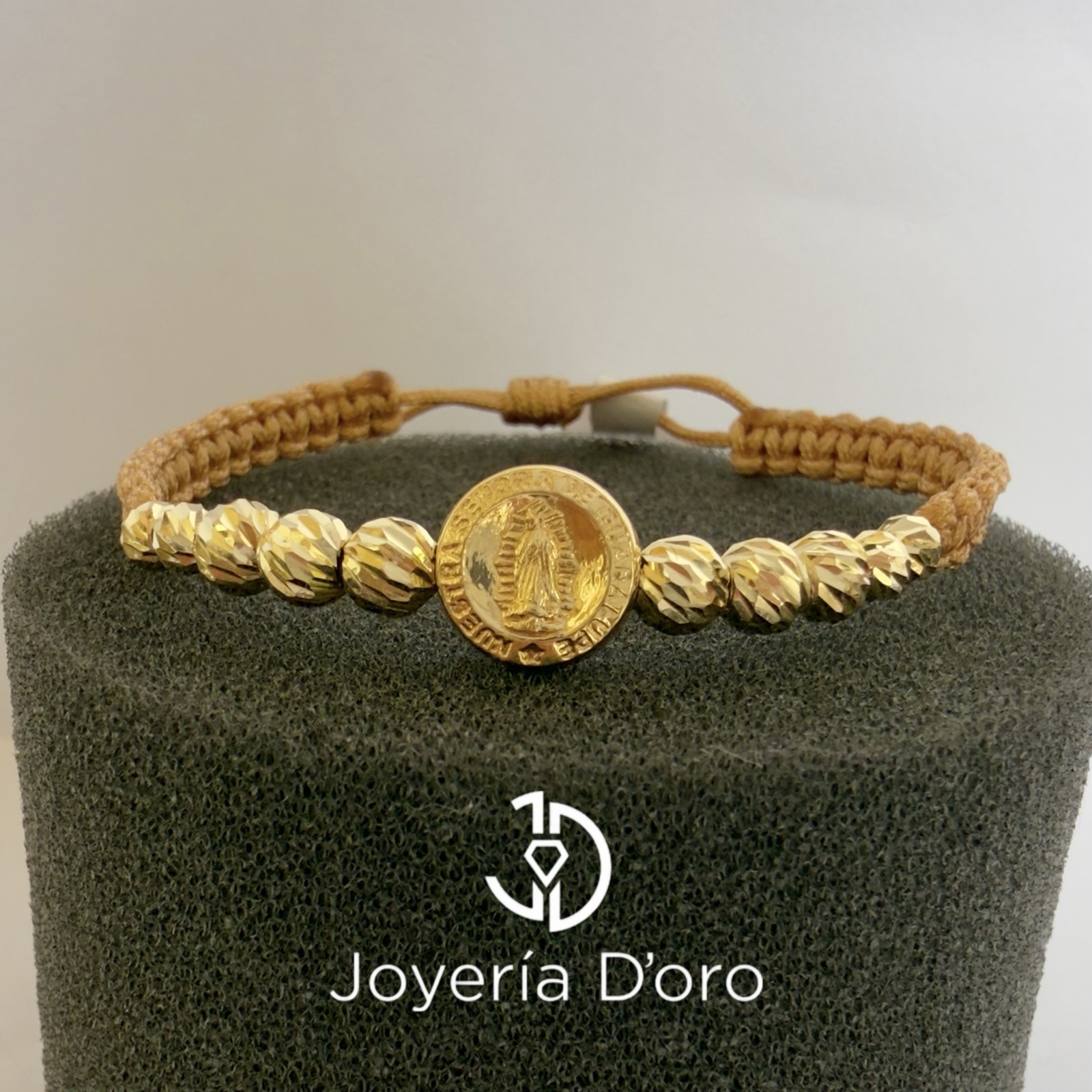 PULSERA TEJIDA CAFE VIRGEN GUADALUPE 10 BOLAS #4 #5 / 1.5GR / ORO AMARILLO 18K - imagen 1
